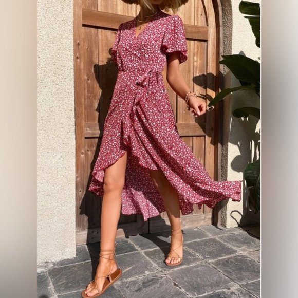 Ditsy Floral Print Split Sleeve Knot Side Wrap Dress - Picture 3 of 7